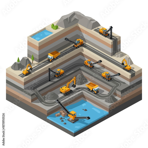 Isometric view of a large-scale open-pit mining operation with heavy machinery.