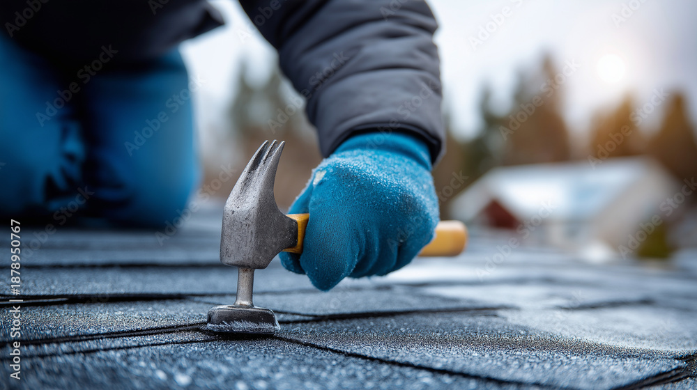 Fototapeta premium Close-up of gloved hands using hammer on frosted asphalt roof shingles during cold weather, roof repair, winter construction, shingle installation, weather conditions, roofing main