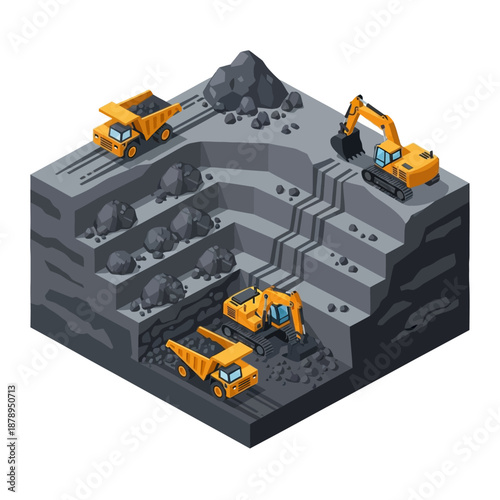 Isometric view of an open-pit mine with heavy machinery for excavation and transport.