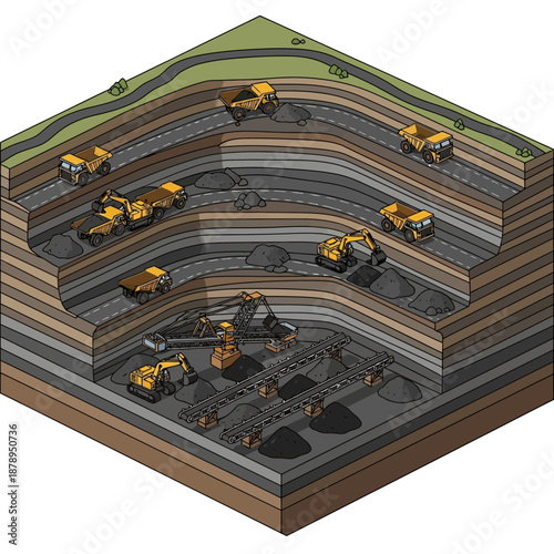 Isometric view of an open-pit mine with heavy machinery.