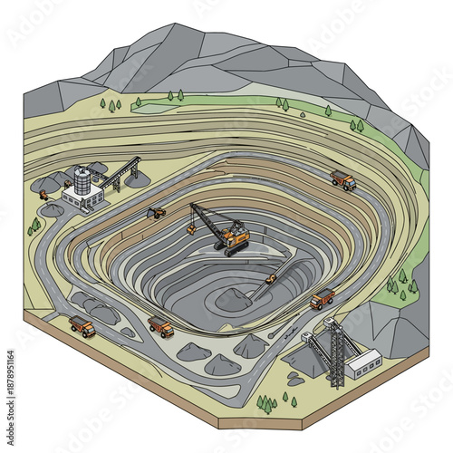 Open-pit mine with heavy machinery and terraced levels.