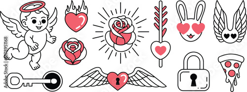 Collection of whimsical hand drawn valentine s day isolated elements including angel heart pizza key on transparent background high-quality professional