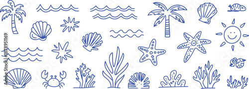 Charming collection of hand drawn summer themed icons like shells palm trees waves and suns on transparent background high-quality professional