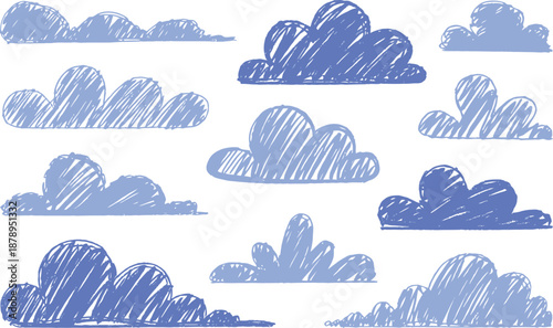 A collection of whimsical hand drawn blue clouds with scribbled textures perfect for designs on transparent background high-quality professional detailed