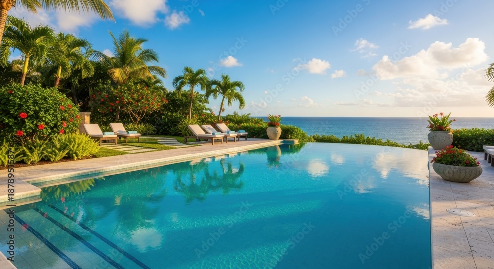 Fototapeta premium Luxurious infinity swimming pool overlooks expansive turquoise ocean under clear blue sky