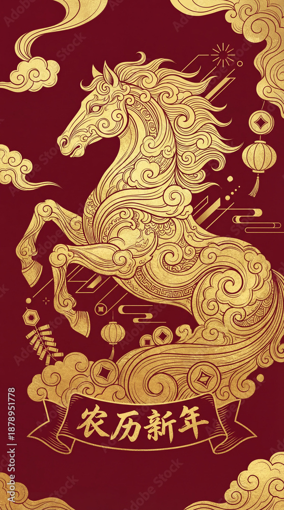 Fototapeta premium Golden Horse in Auspicious Clouds: Traditional Chinese New Year Wall Art