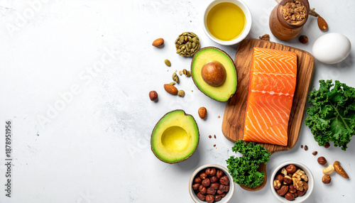 Flat lay of ketogenic diet foods including salmon, avocado, eggs, nuts, and healthy fats on white background. Low carb lifestyle concept.
