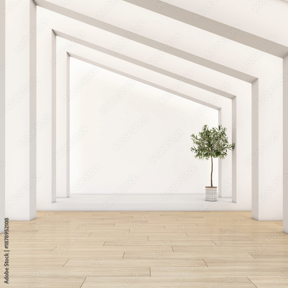 Fototapeta premium Empty room with irregular shapes creating, white wall and wood floor. 3d rendering