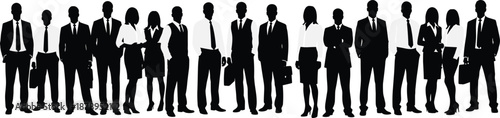 Silhouettes of diverse business professionals standing in line, symbolizing corporate diversity, teamwork, professionalism, and workplace unity.