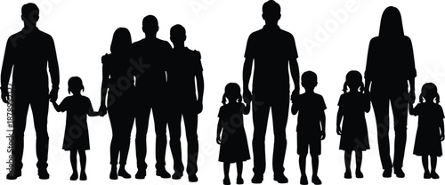 Silhouettes of diverse families standing together, showcasing strong parent-child relationships, unity, love, and supportive family bonds in a simple minimalist style