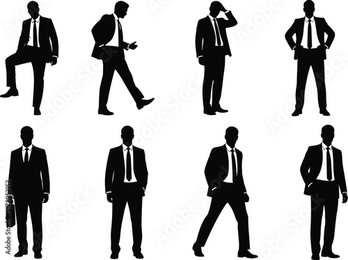 Silhouettes of diverse businessmen in suits standing in various poses, isolated vector set for corporate and formal design.