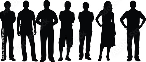 Silhouettes of diverse individuals in casual and semi-formal attire standing in line, representing anonymity, diversity, and group dynamics