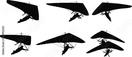 Silhouettes of Hang Gliders in Flight Showing Dynamic Aerial Poses and Wing Structures for Extreme Sports and Outdoor Adventure