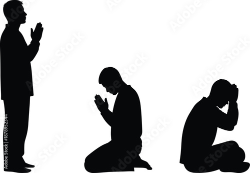 Silhouettes of individuals in prayer and meditation postures, expressing devotion, introspection, emotional depth, and spiritual contemplation.