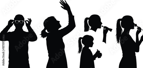 Silhouettes of individuals performing grooming and expressive gestures—sunglasses, makeup, lipstick, and personal care vector illustration