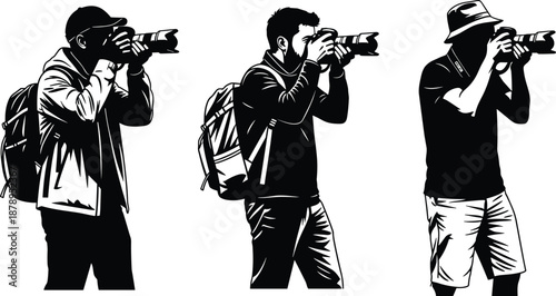 Silhouettes of male photographers and travelers wearing hats and backpacks, holding professional DSLR cameras, vector set.