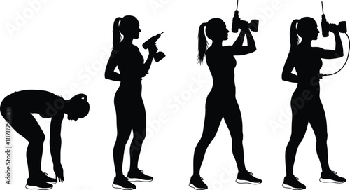 Silhouettes of Man Using Power Drill in Four Poses, Showing Step-by-Step Action for Construction, Repair or DIY Projects