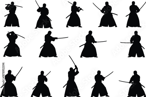Silhouettes of martial artists in traditional attire performing Japanese sword techniques, ideal for Iaido, Kendo, and Kenjutsu visuals