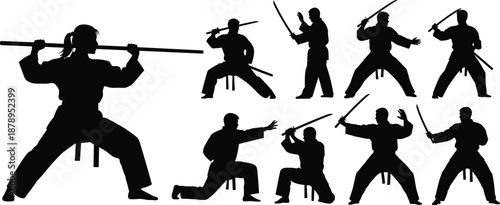 Silhouettes of Martial Arts Fighters with Katana Swords and Staffs for Training Practice and Combat Sport Vector Illustration Set