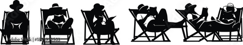 Silhouettes of people reading on deck chairs in relaxed poses for leisure, vacation, beach, and lifestyle design themes