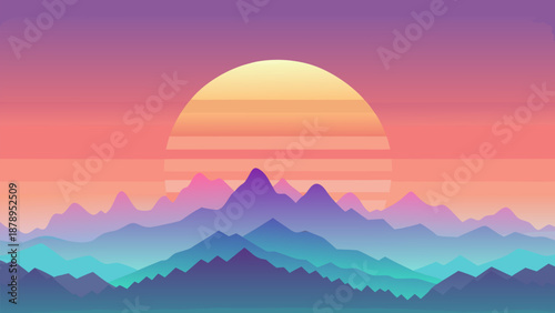 A breathtaking nature landscape view of the sun rising and setting over misty mountain peaks under a glowing summer sky filled with clouds at dawn and dusk