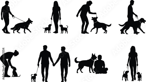 Silhouettes of people walking, training, and interacting with dogs and puppies in various poses for pet care, lifestyle, and design projects
