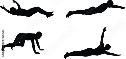 Silhouettes of person performing bodyweight exercises and stretches—dead bug, superman, crawling, and dynamic prone pose vector art