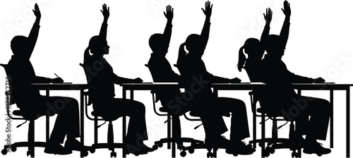 Silhouettes of students seated at desks with raised hands, illustrating classroom participation, learning, and educational engagement.