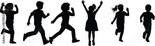 Silhouettes of Six Children in Dynamic Running and Jumping Poses, Isolated Playful Movement Illustrating Energy, Activity, and Childhood Expression