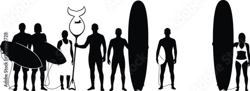 Silhouettes of Surfers with Surfboards in Row, Depicting Surf Culture, Beach Lifestyle, Water Sports and Coastal Adventure Theme