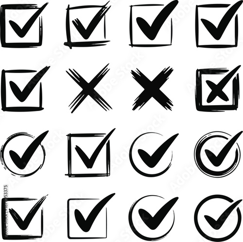 Check marks doodle set Vote, yes, no, checkbox, checklist, tick and cross signs, v aDiverse collection of hand-drawn and outlined tick and cross symbolnd x drawn concept                               