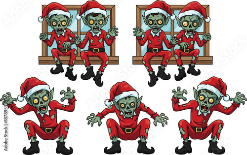 Funny zombie Christmas elf character set featuring undead helpers in Santa suits for humorous holiday horror and spooky seasonal designs.
