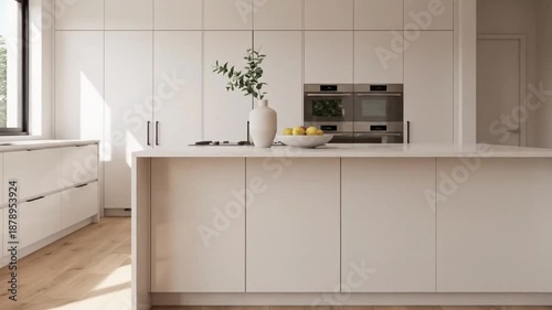 Modern kitchen interior with white cabinets and wooden floor