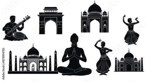 Indian culture and architecture silhouettes collection.