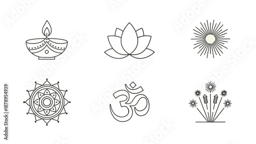 Six Hindu and Buddhist symbols including diya, lotus, sun, mandala, om, and flowers.