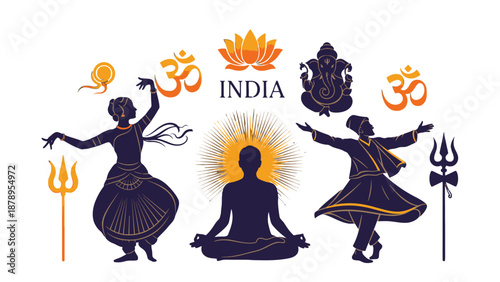 Indian spiritual silhouettes with sacred symbols and deities in meditation and dance.