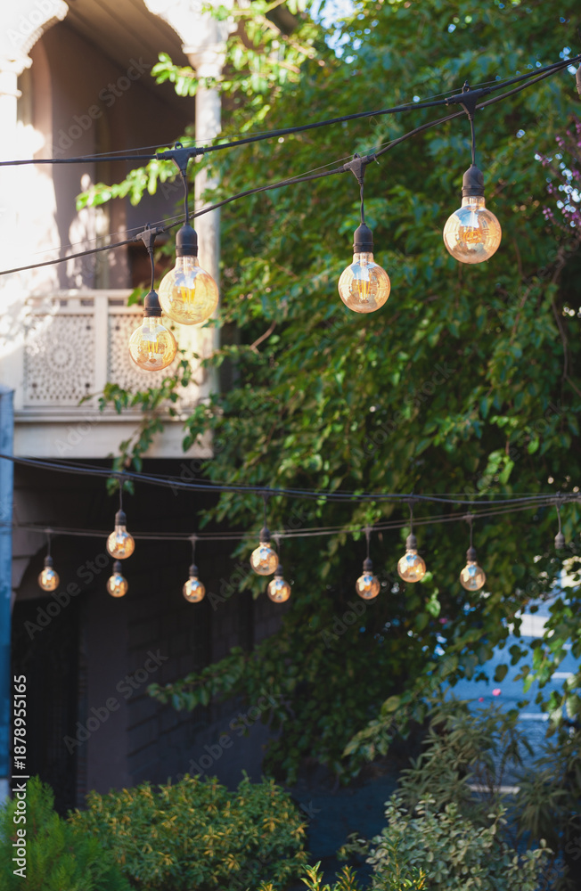 Fototapeta premium Warm bulbs create cozy ambience for outdoor garden celebration