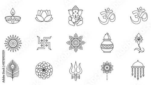 Collection of Hinduism and Buddhism symbols in minimalist line art style.