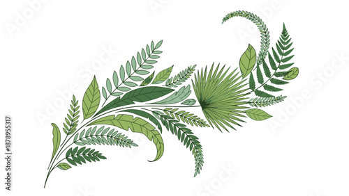 Watercolor illustration of various green leaves and ferns.