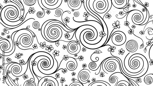 Black and white swirling floral pattern with spirals and flowers.