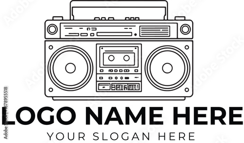 Vintage boombox logo vector in black and white line style with cassette deck, speakers, and antenna for audio branding
