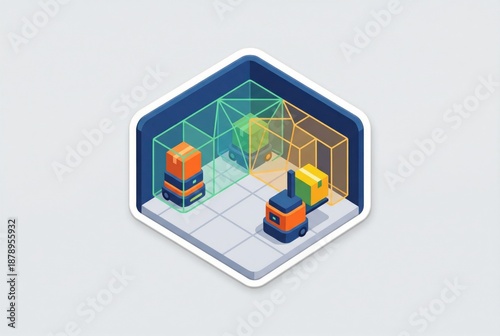 Digital warehouse environment showcasing automated robotics and cargo distribution system with geometric storage solutions enhancing organizational efficiency
