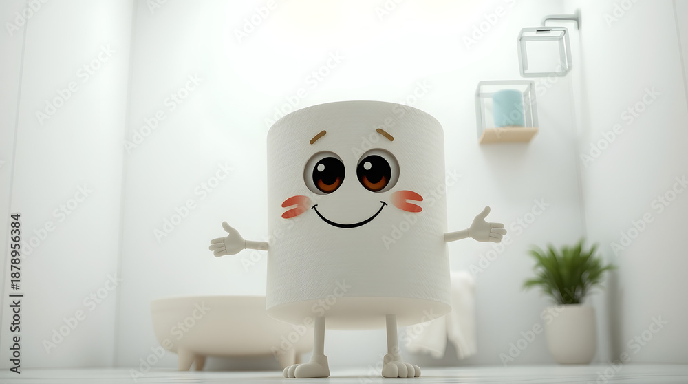 Obraz premium Cute anthropomorphic toilet paper character with a happy face in a bright modern bathroom