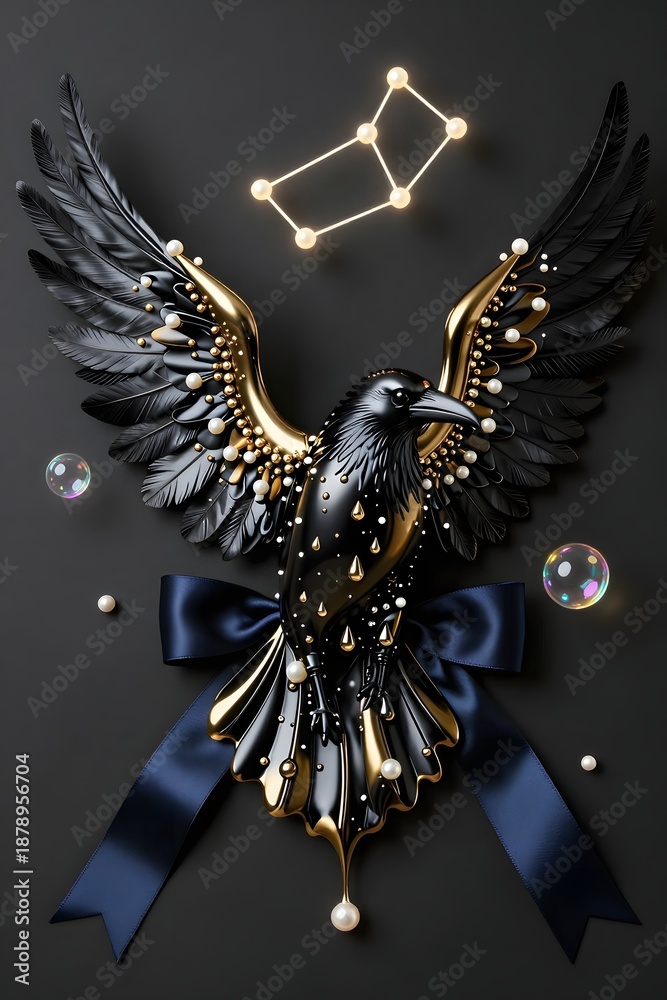 Fototapeta premium Elegant Black and Gold Raven Sculpture with Wings and Decorative Bow against Dark Background