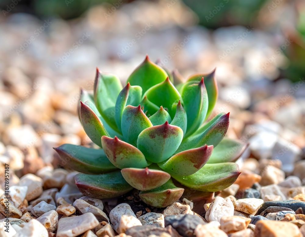 Fototapeta premium A close-up view of a vibrant succulent plant with layered green leaves, accented by red tips, resting on small, light-colored pebbles