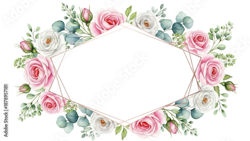 Watercolor flower frame Rose Eucalyptus. Template wedding invitation card. Rose metallic frame.