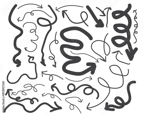 Collection of hand drawn arrows and swirling lines