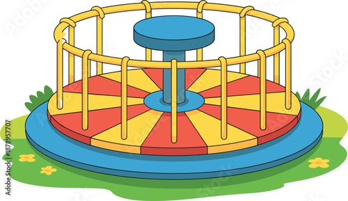 Colorful playground merry-go-round, children carousel illustration, fun park equipment, flat vector, kids play area, outdoor amusement ride for design use