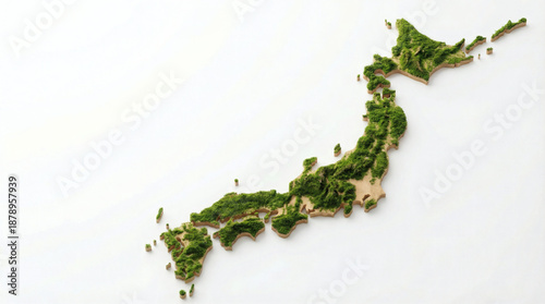 日本地図の3Dイラスト。木と苔のナチュラルな質感とコピースペース