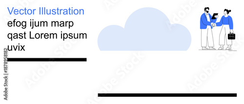 Business collaboration, teamwork, cloud technology, data sharing, online services, professional connection. A cloud icon and two people collaborating. Business collaboration and cloud technology
